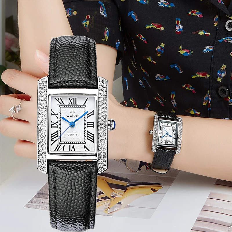 

WWOOR 2021 Ladies Watch Top Brand Luxury Black Leather Diamond Leather Wristwatch Fashion Square Quartz Watches Relogio Feminino