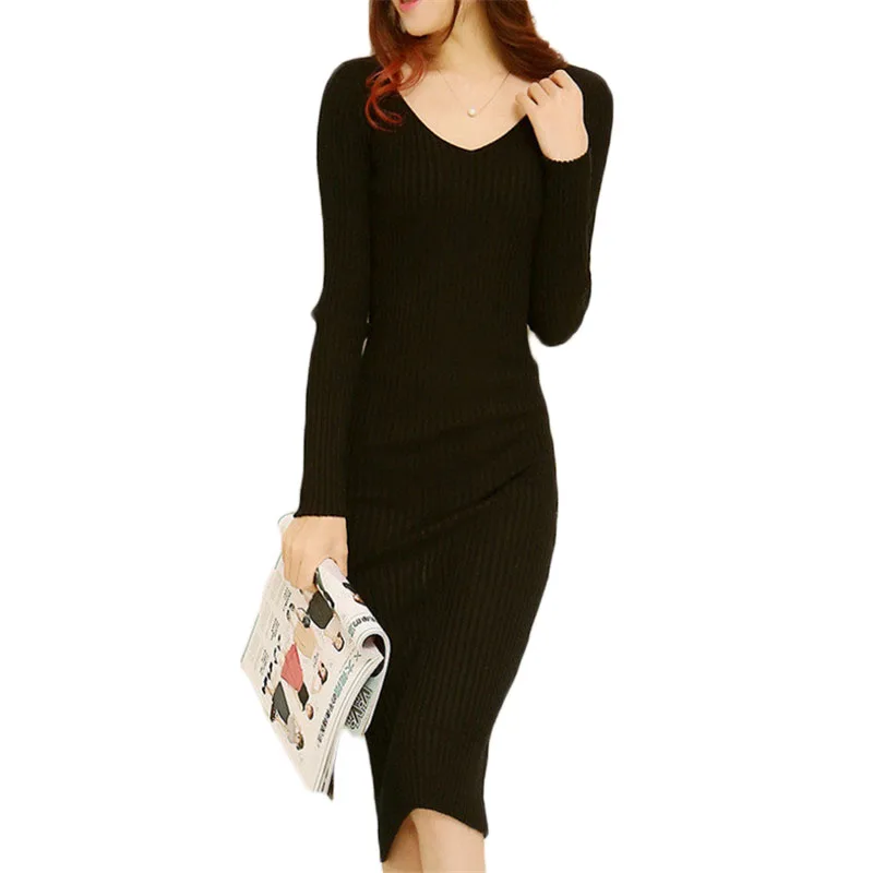 WSYORE Женская Повседневная с длинным рукавом и v-образным вырезом вязаные платья