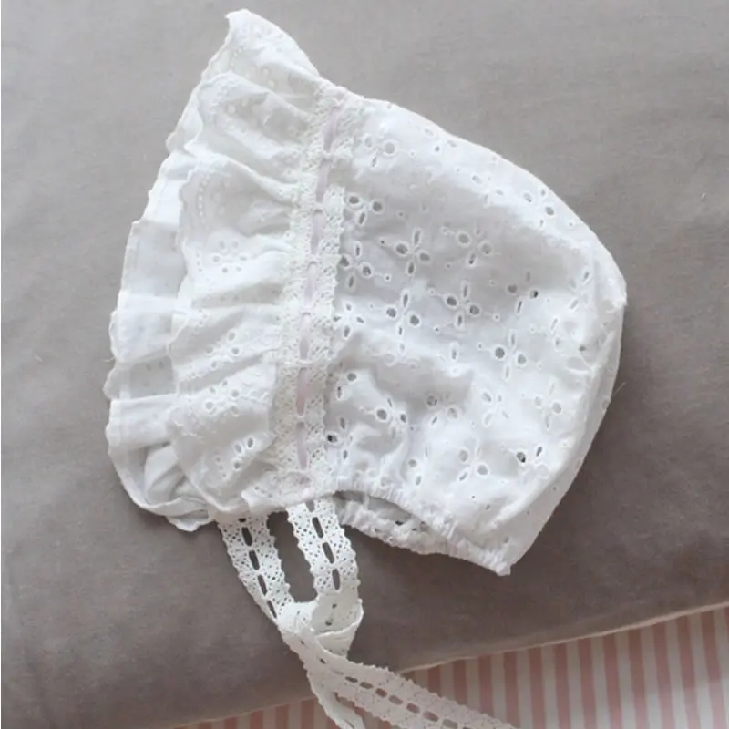 Шапочка для новорожденных хлопковая с кружевом детей 0-9 месяцев | Детская одежда