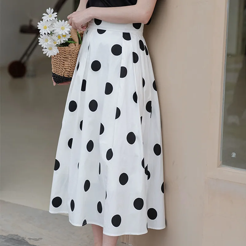 

HOUZHOU Vintage Polka Dot Long Skirt Women High Waist Elegant Temperament A-line Midi Skirt Summer 2020 Fashion Ladies Casual