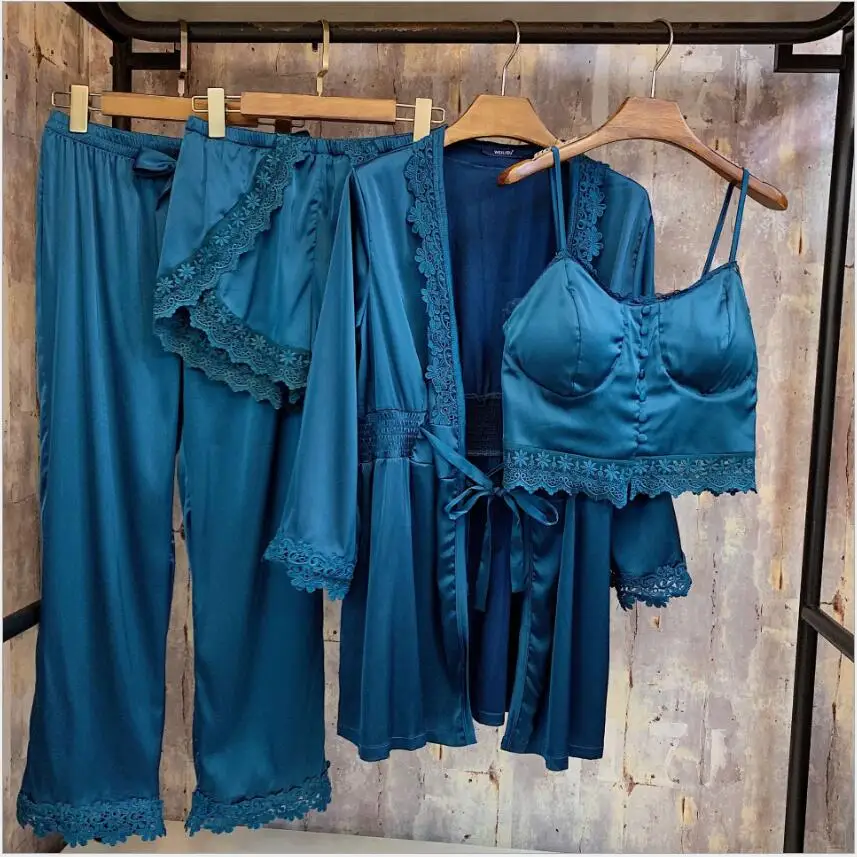 Женская пижама из молочного шелка брендовый Модный комплект 4 предметов для дома