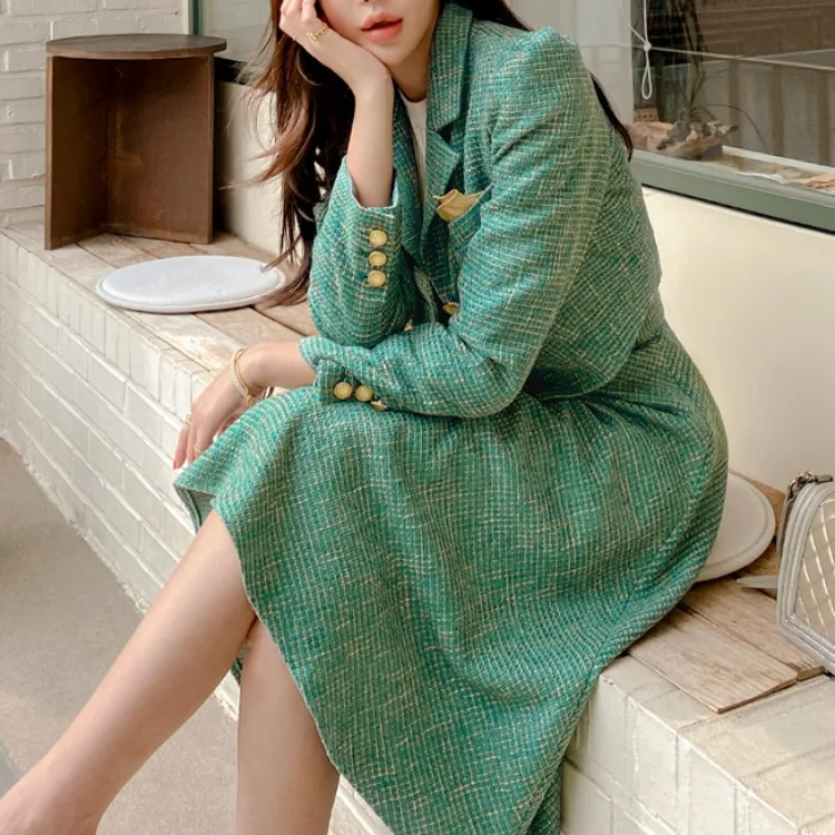 

Vintage Tweed Two Pieces Suit For Women Autumn Winter Puff Sleeve Crop Blazer Jacket Top + Midi A Line Umbrella Skirt