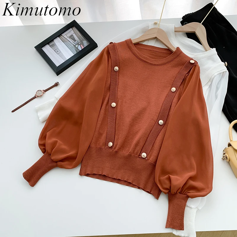 

Kimutomo свитер для ранней осени тонкий корейский новый лоскутный шифоновый пуловер с круглым вырезом и рукавами-фонариками на пуговицах, Женс...