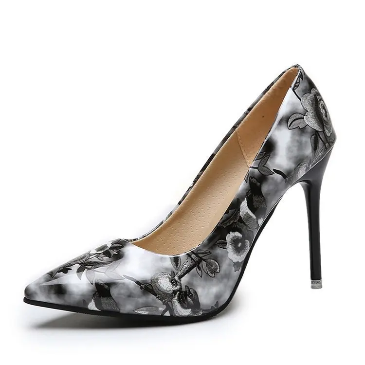 

national style color matching heels Large size women's floral thin high heel shallow pointed shoes 35-44