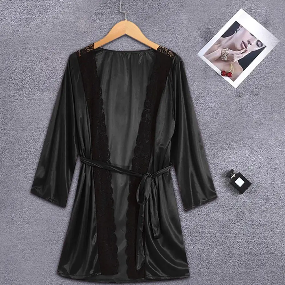 Женская кружевная ночная сорочка Однотонная с поясом 2019|Халаты| |