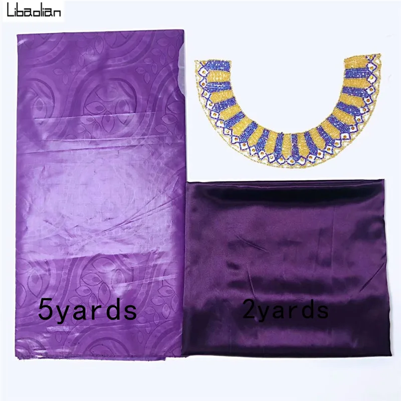 

3pcs Hand Made Bazin Riche Lace Fabrics WIth Jacquard Pattern 5Yards Purple Match Satin silk Collar Embroidery For Cloth M210-31