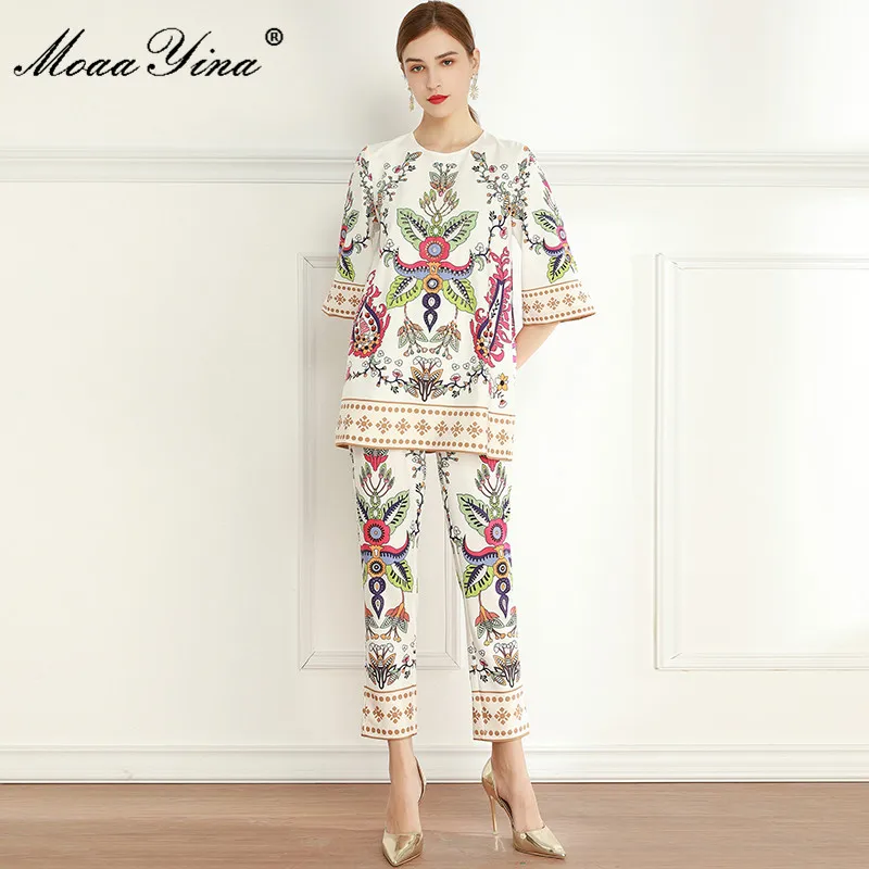

MoaaYina Fashion Designer Set Spring Women's Half sleeve Beaded Loose Blouses Tops+3/4 pants Indie Folk Print Two-piece suit