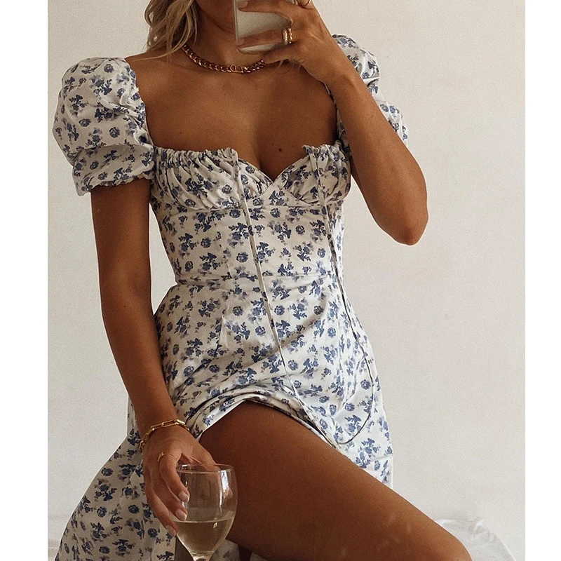 

Sexy Chiffon Puff Sleeve Floral Print French Style Long Dresses For Women 21 Summer New Fashion Slim Blue Yellow Feminina CX1512