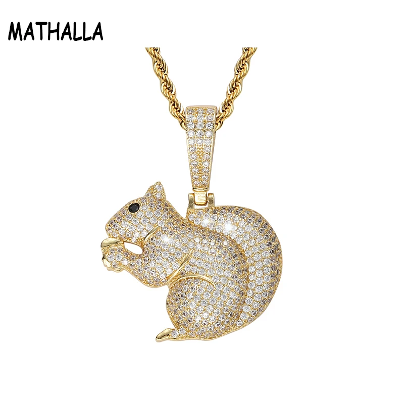 

MATHALLA Iced Zircon Small Animal Squirrel Pendant Micro Pave Cubic Zircon Gold Silver Men's and Women's Gifts Hip Hop Jewelry