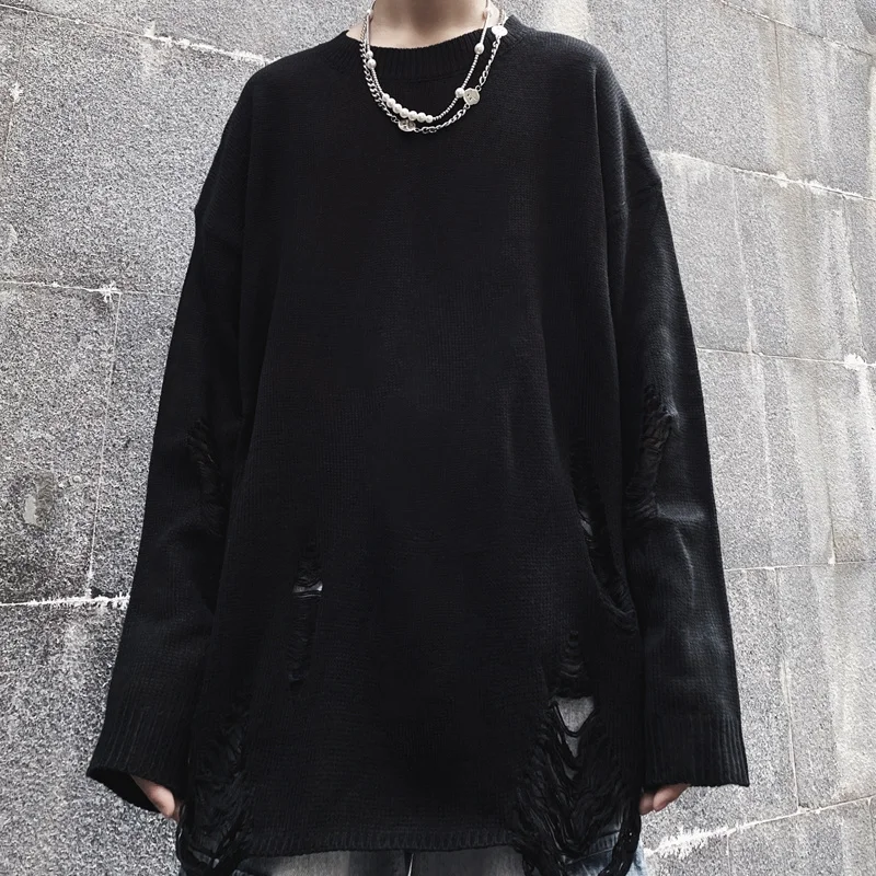 Мужской и Женский рваный свитер с длинным рукавом Свободный пуловер в стиле