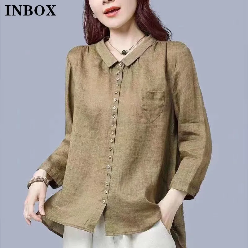 

INBOX Cotton And Linen Blouse Women 2022 Spring Loose Casual Minimalist Tops Female Artistic Khaki Shirts Ladies
