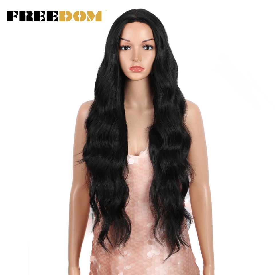 FREEDOM 34 inch Wavy Fake Wig Middle Part Wig Ombre Red 613 Color High Temperature Fiber Synthetic Wigs For Black Women