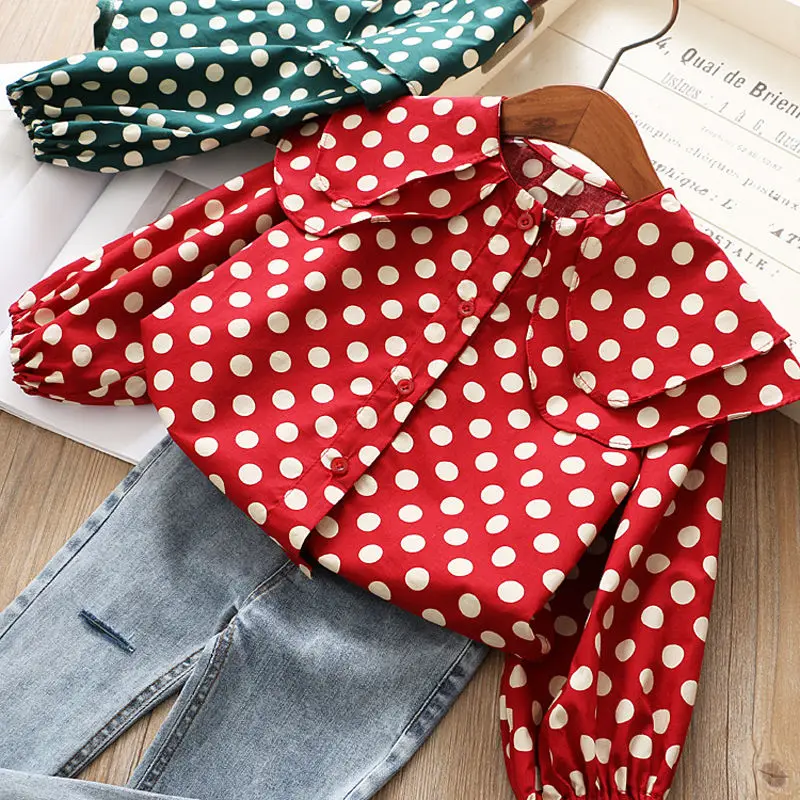 Блузка детская в горошек с длинным рукавом отложным воротником Корейском стиле