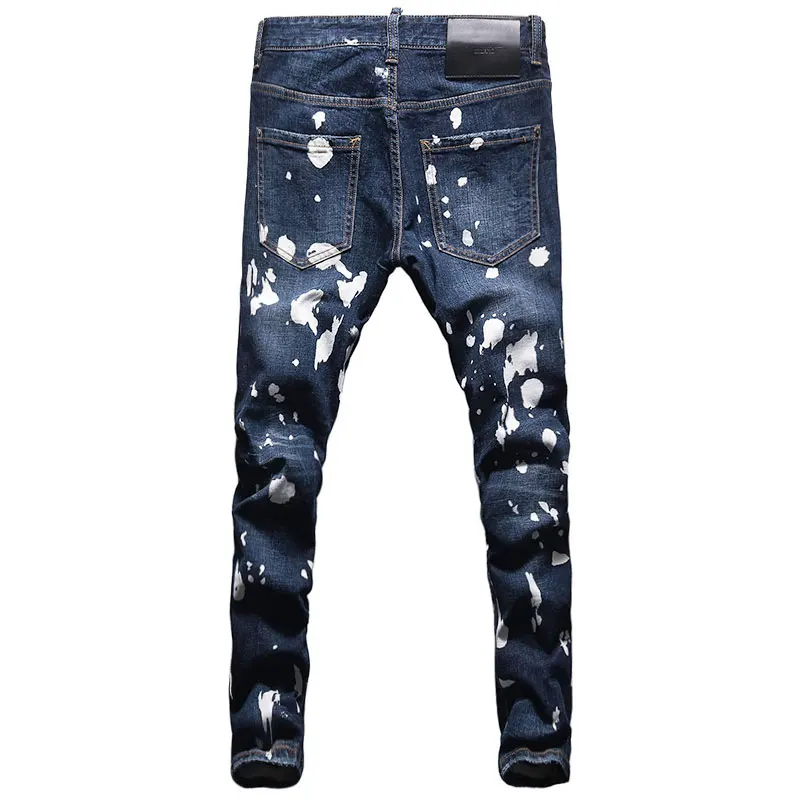 European American Street Fashion Men Jeans Retro Dark Blue Slim Fit Ripped Jeans Men Painted Designer Hip Hop Denim Punk Pants