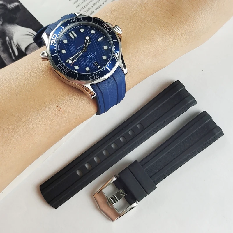 

20mm Rubber Silicone Soft Watch Strap for Omega Seamaster 300 Curved End Watchband Stainless Steel Buckle for Men Bracelets