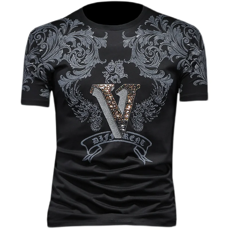 

New letter diamonds mens t shirt Mercerized cotton t-shirts embroidery mens shirt Breathable t-shirt for men style