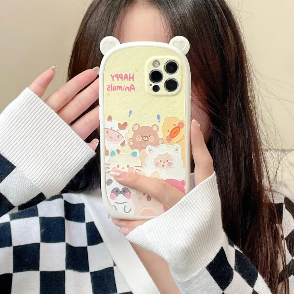 

For iPhone 7 8 SE 7P 8 Plus X Xs Xs Max Xr 11 12 Max Pro 12 Mini 12 13 Pro Max Press Cute Cartoon Imitation Leather Phone Case
