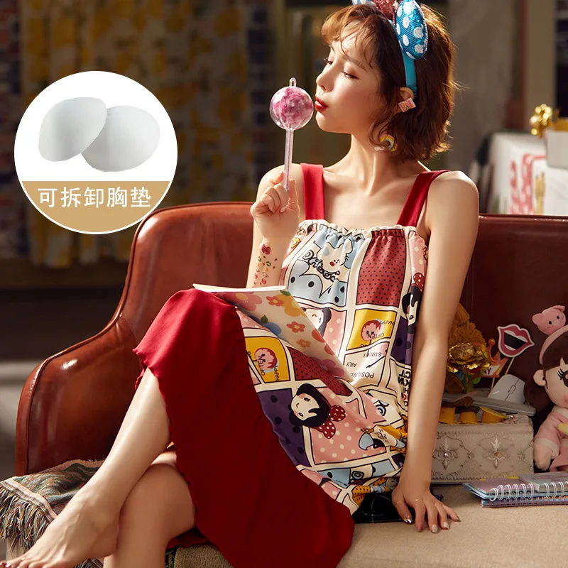 

Summer Women's Homedress Nightdress Girl's Sleepwear Cotton Braces Sleepshirts Long Loose Dress Home Clothing Fashion Nightgowns