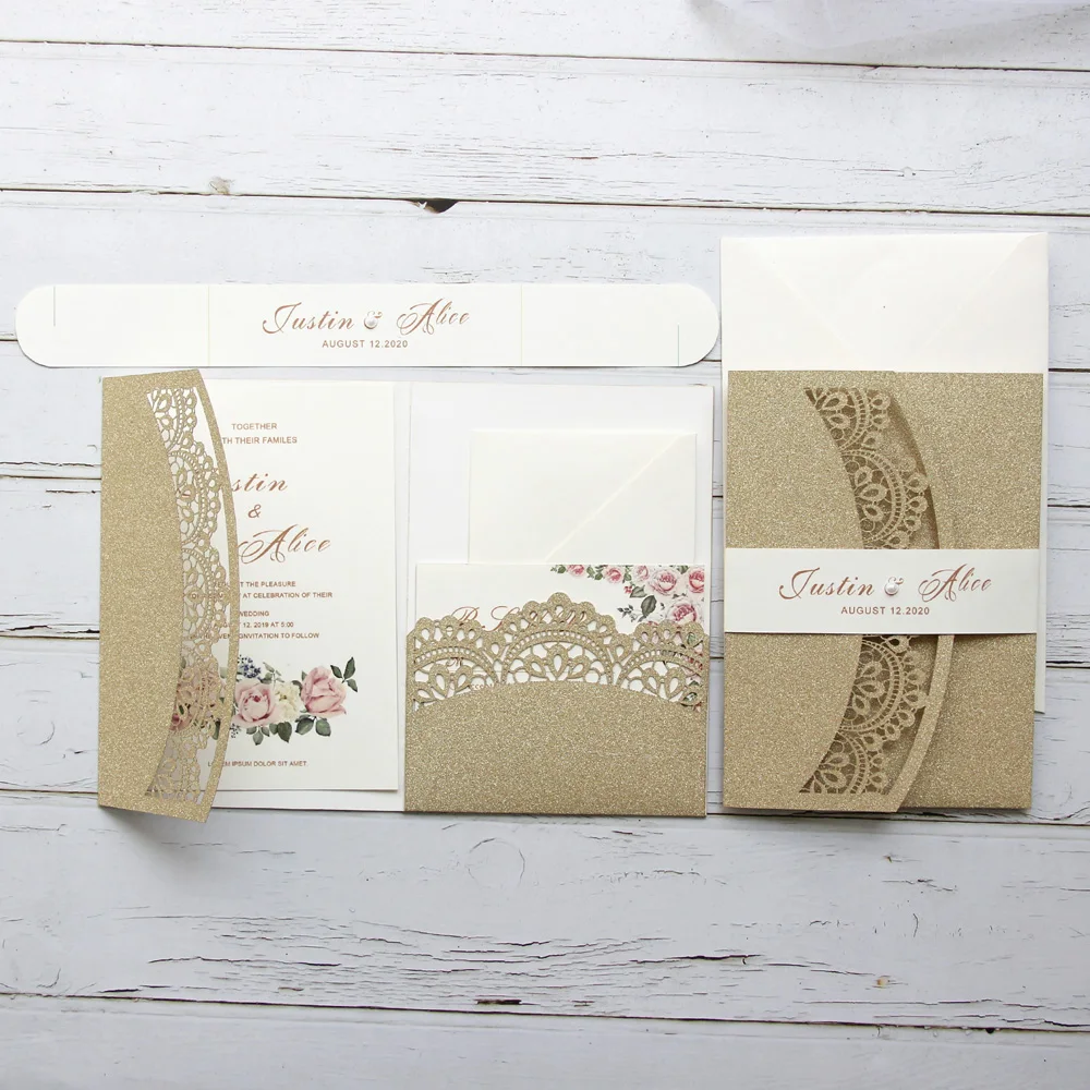 

20pcs/lot Glittery wedding invitation set with RSVP envelop belly band tri-fold pocket invites Customized supply free shipping