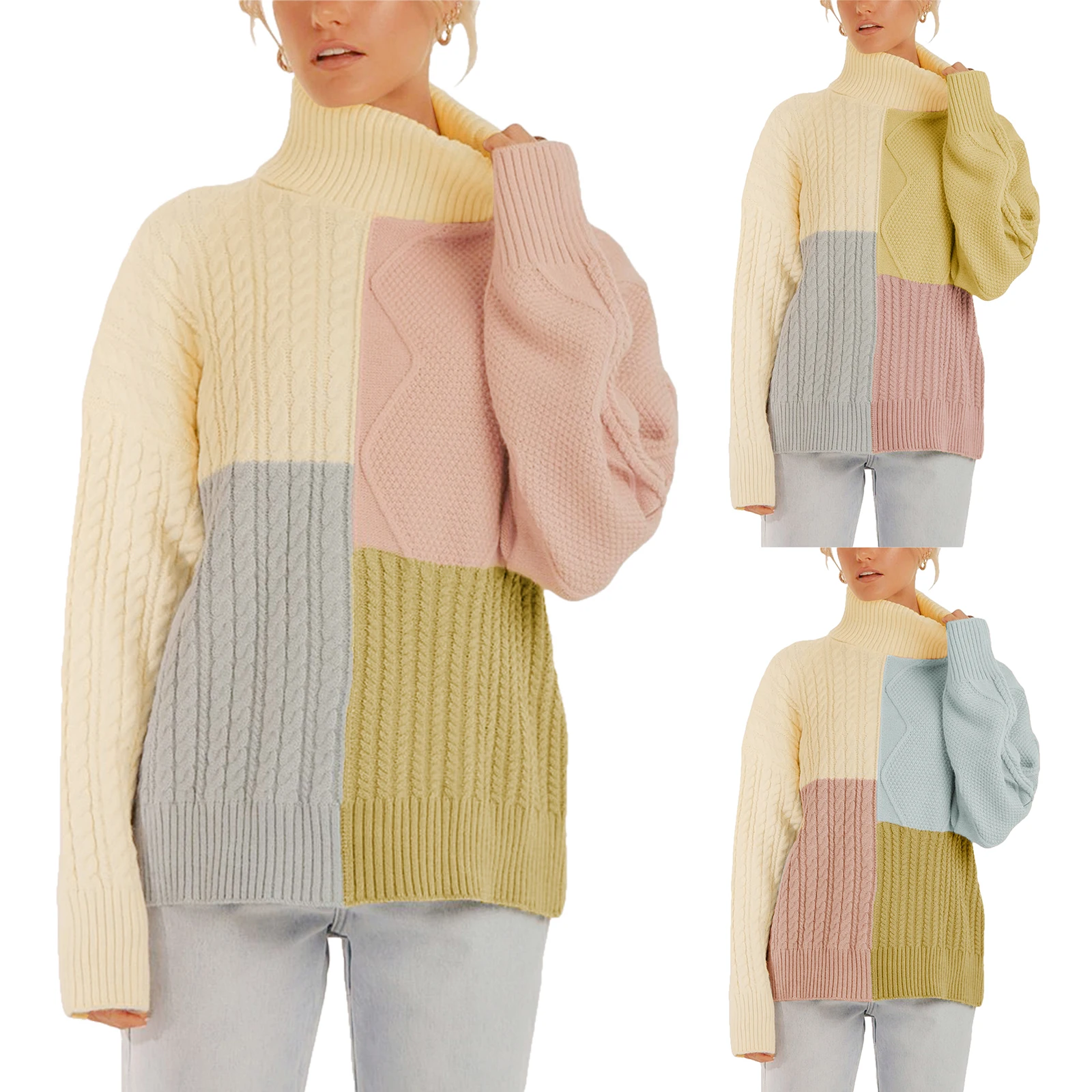 

Women Knit Turtleneck Sweater Adults Color Block Geometric Pattern Long Sleeve Pullover