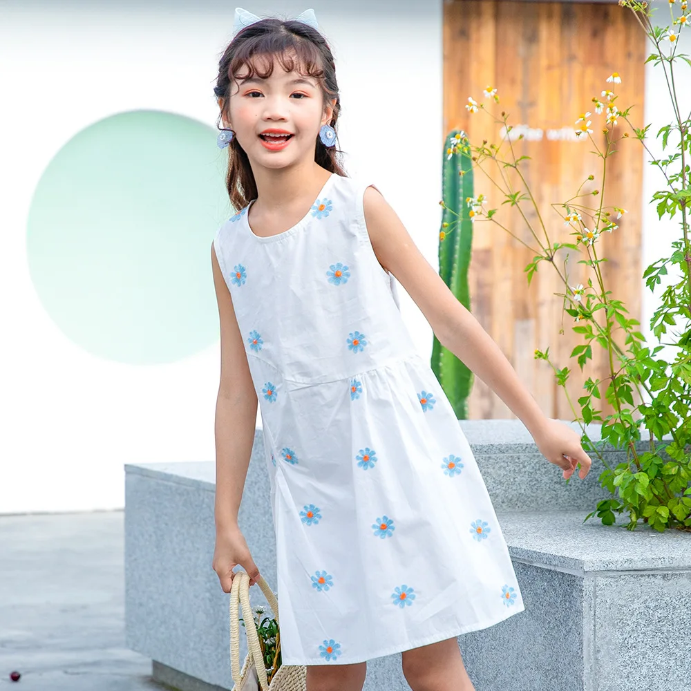 

2021 Summer Child Dresses Daisy Sleeveless White Princess Dress for Kids Clothes Embroidery Vest Dress Blue Girls Dress 10 12 Y