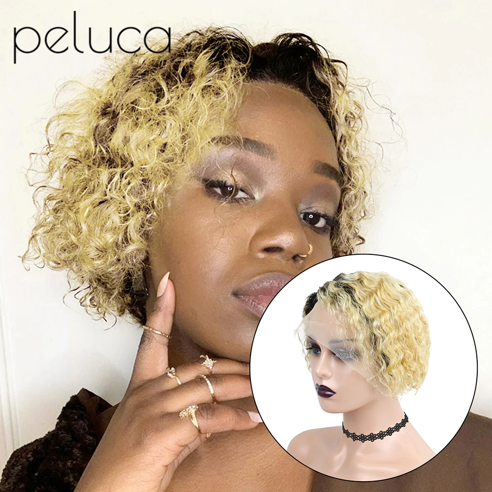 Short Curly Lace Front Human Hair Wigs Pixie Cut Wig Peruvian Remy 13x1 Lace Front Wig Pre Plucked T Part Lace Wig For Women