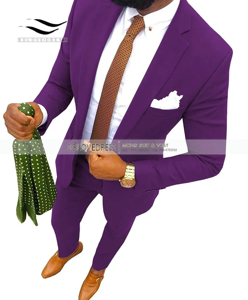 Purple Новинка, кофейный мужской костюм, модный, 2 предмета, с отворотом, плоский, приталенный, смокинг, Женихи, мужской блейзер для свадьбы, выпускного, вечерние - Цвет: Purple