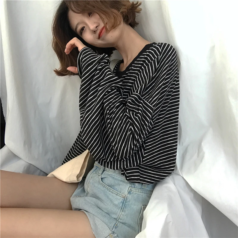 Футболки женские элегантные свободные с рукавом летучая мышь полосатые футболки