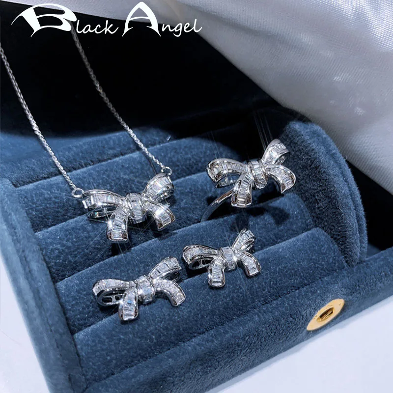 

BLACK ANGEL Fairy Design Elegant Bowknot Earrings Pendant Necklace Resizable Ring Shiny Gemstone Wedding Jewelry Set For Women