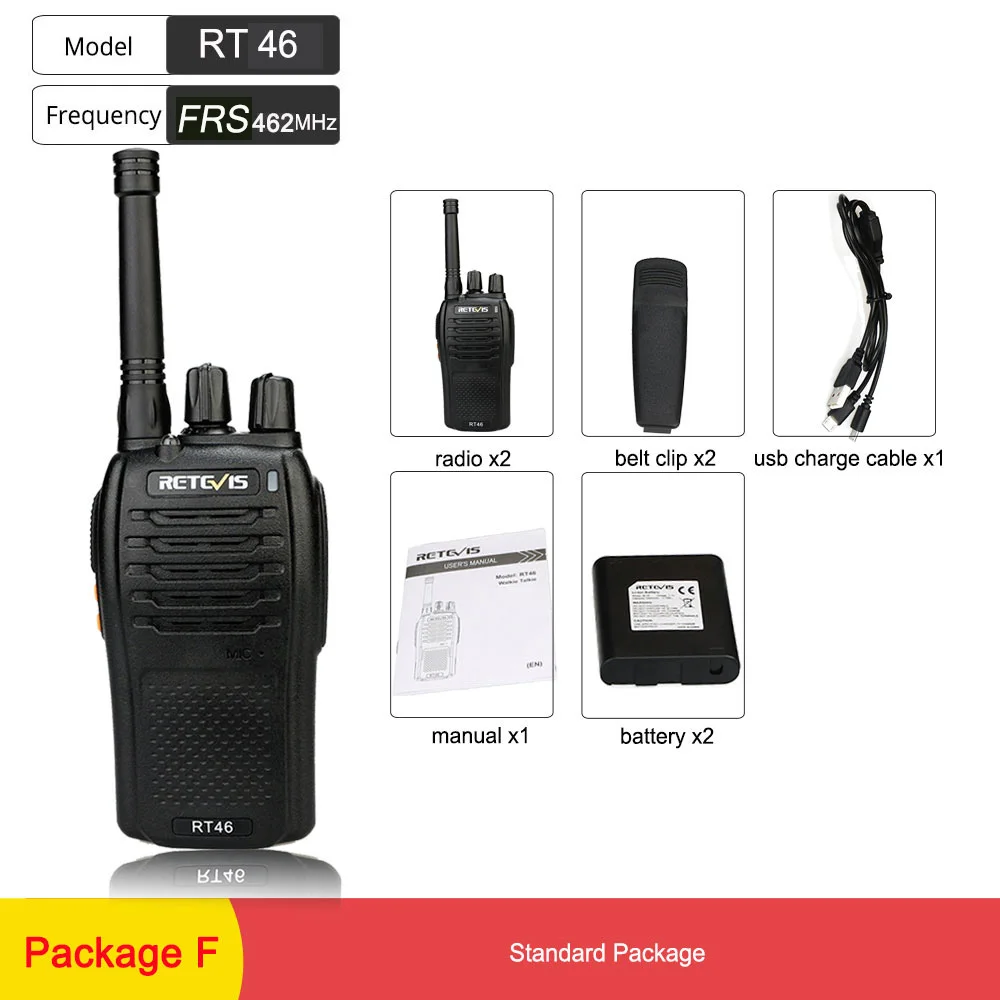 Package F Пара RETEVIS RT46 Walkie Talkie PMR радио PMR446/FRS Портативное двухстороннее радио VOX Micro-usb зарядка Li-Ion(или AA) батарея - Цвет: Package F