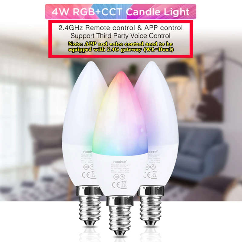 

Smart 4W RGB + CCT Candle Bulb E14 Base LED Light Lamp 300LM AC110V 220V 2.4GHZ RF/Wifi APP Voice Control need to match WL-Box1