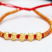 fine pure 24kt yellow gold 5pcs cow bead with red cord bracelet from 16cm to 20cm best gift