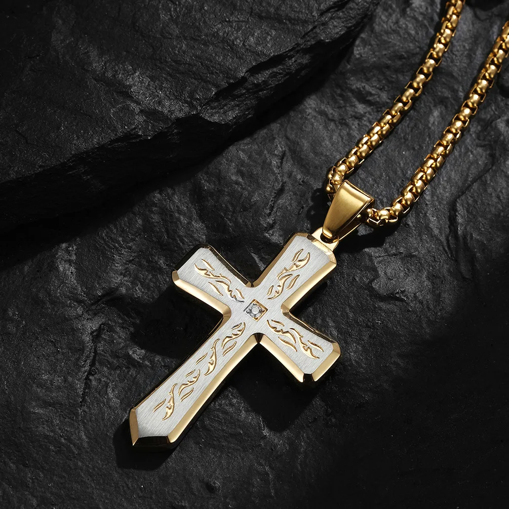 

European And American Stainless Steel Jewelry Creative Bevel Corrosion Tricolor Titanium Cross Pendant Men's Necklace