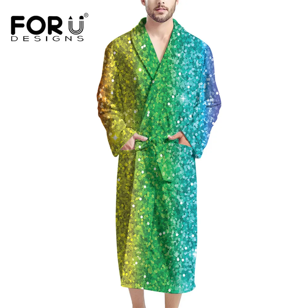 

FORUDESIGNS Men's Kimono Gorgeous Rainbow Color Classic Style Bathrobe Plush Bath Robe With Belt And Pockets Luxury Spa Robe