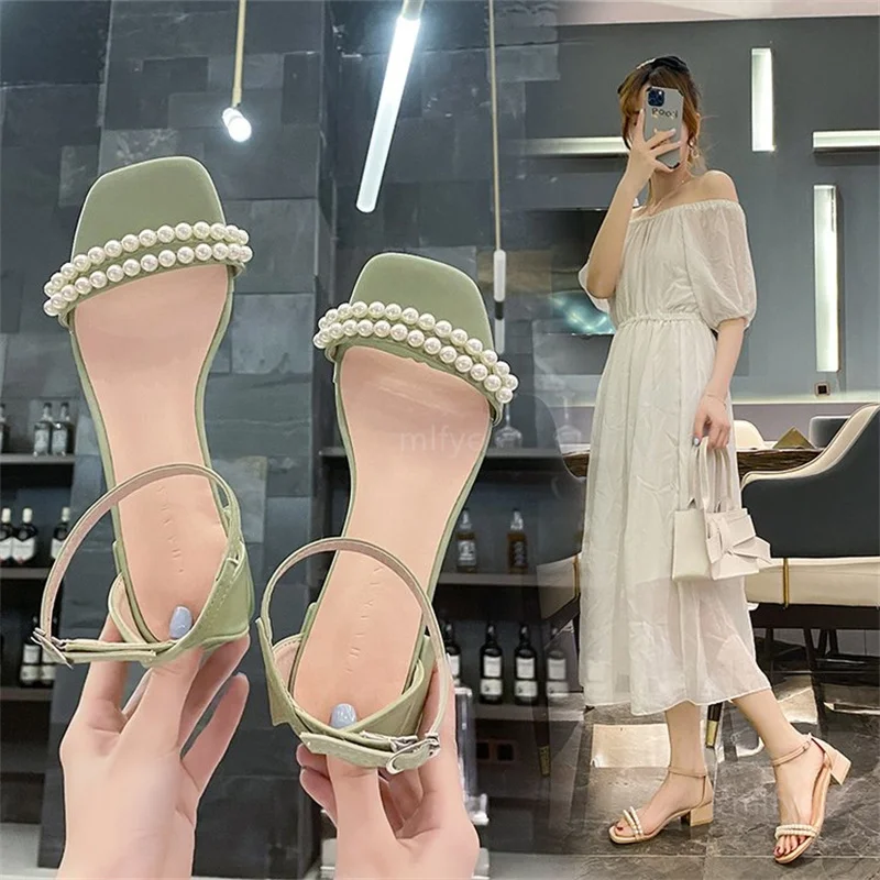 

2021new fairy style pearl open-toe low-heeled women's sandals fashion all-match thick with one word belt girl high heels sandal