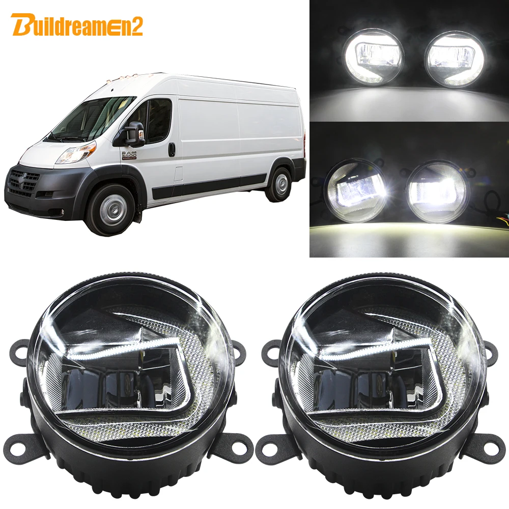 Buildreamen2 Car Styling LED Projector Fog Light + Daytime Running Light DRL White 90mm 12V For Dodge Promaster 1500 2500 3500