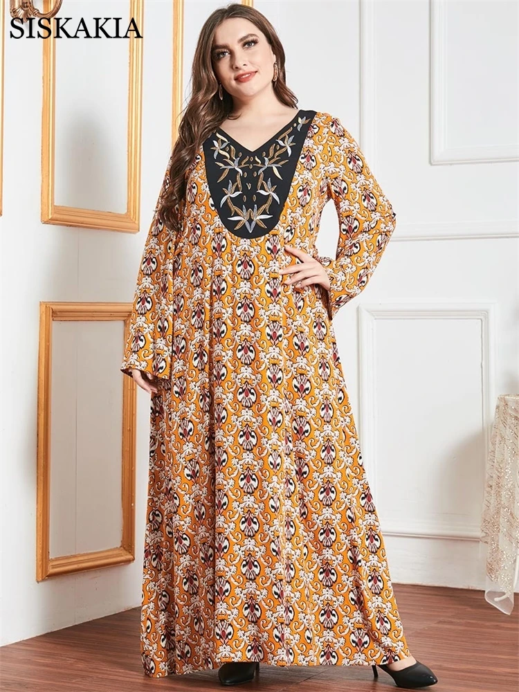 

Siskakia Maxi Long Dress for Women Summer 2021 Loose Casual Ethnic Floral Full Sleeve Arabic Muslim Clothes Eid