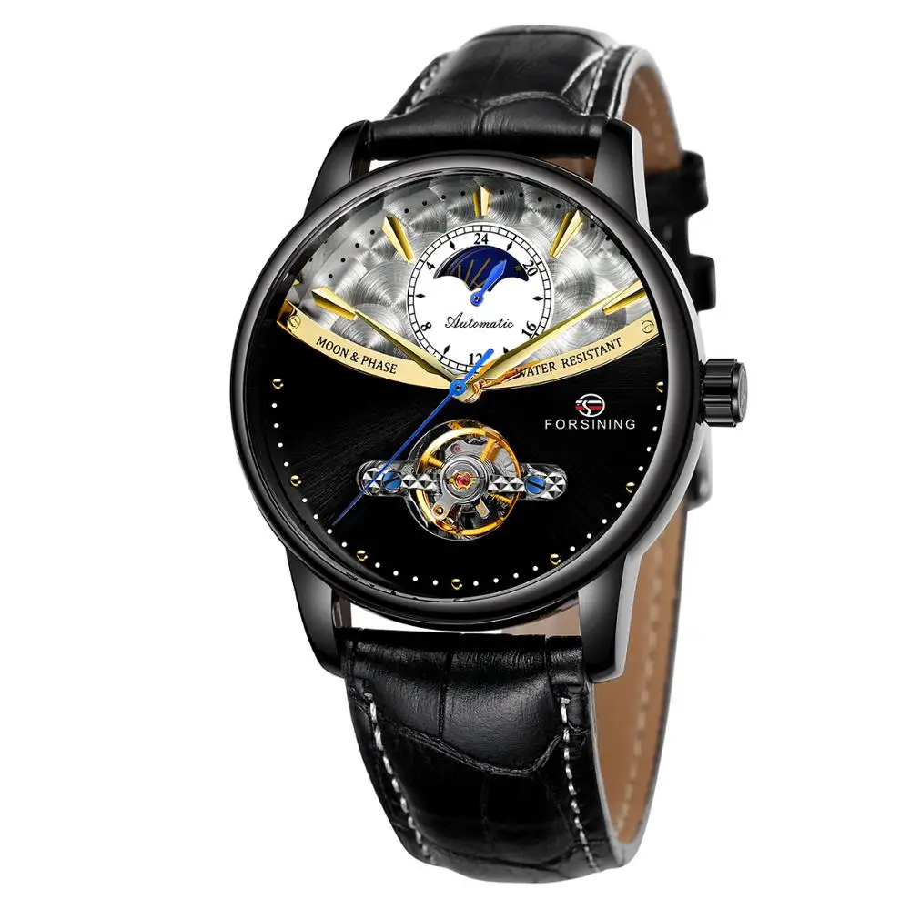 Forsining Tourbillon синие автоматические часы мужские классические Moonphase Дизайн Натуральная кожа Ремешок Водонепроницаемый Бизнес наручные часы подарок - Цвет: BLACK GOLD 2