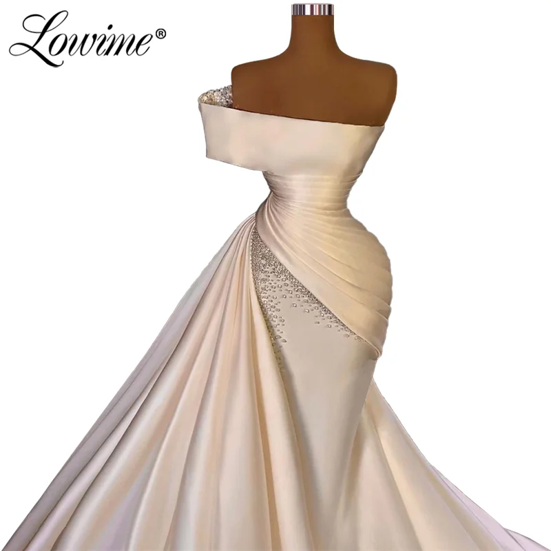 Lowime Off The Shoulder Mermaid Evening Dresses 2021 Couture Beaded Long Party Gown For Weddings Arabic Dubai Satin Prom Dresses