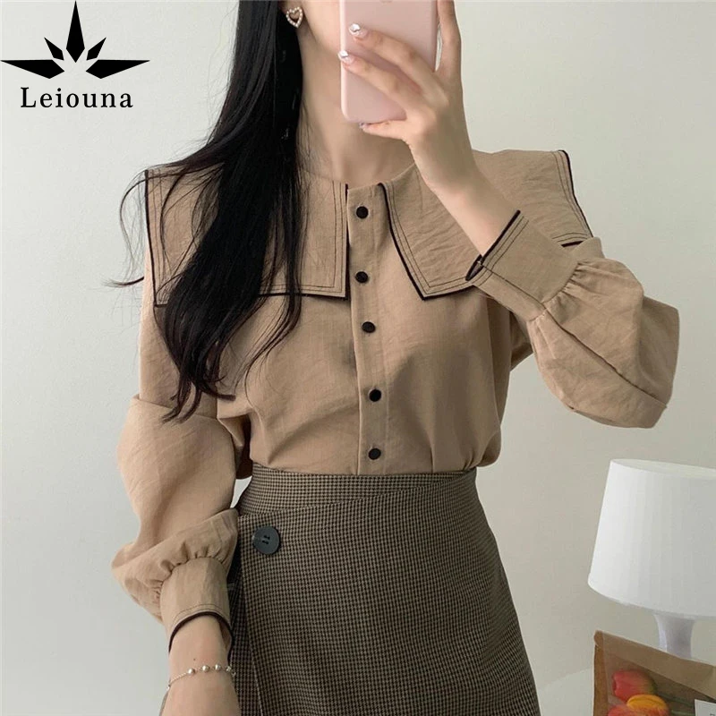 

Женское платье с матросским воротником Leiouna, свободный однобортный Повседневный Топ цвета хаки, уличная одежда для девушек