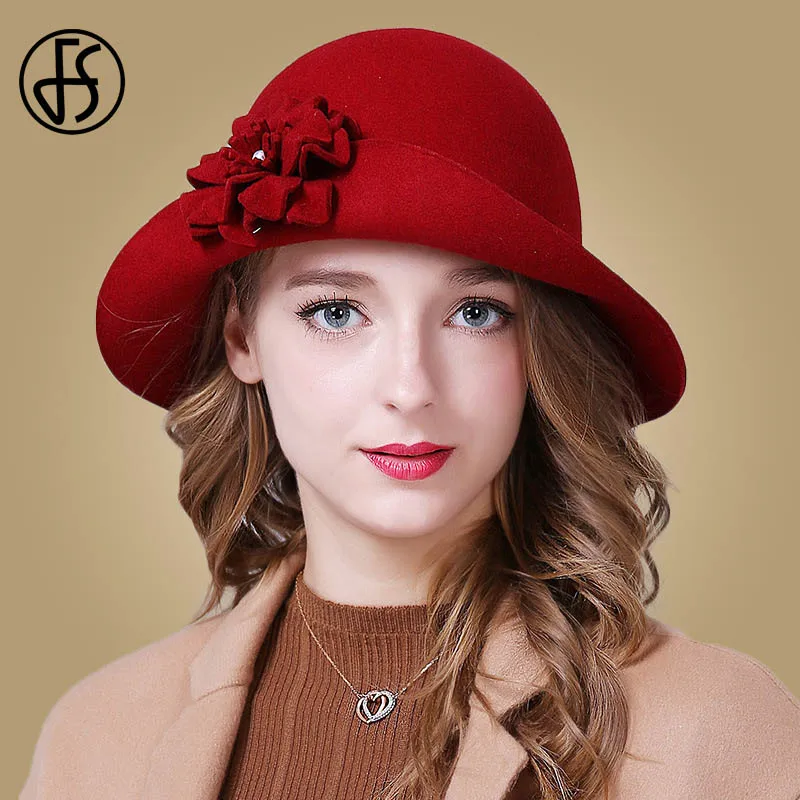Red Wool Fedora Женская винтажная широкополая шляпа FS, фетровая шляпа из шерсти с декоративным цветком, красного цвета, на осень/зиму - Цвет: Red Wool Fedora