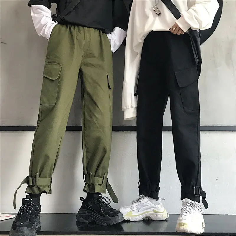 

Women's Spring Autumn Style Cargo Pants Pockets Jogger Pants Solid Color Elastic Waist Hip Hop Loose Ankle-Length Pants KK0281