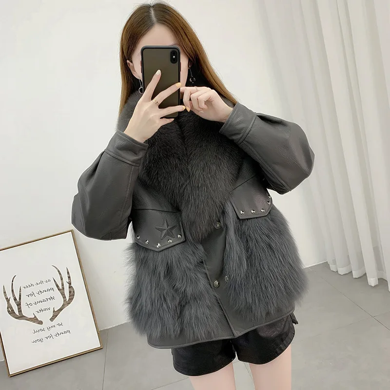 Women Fashion Winter Natural Sheepskin Overcoat Real Fox Fur Patchwork Woolen Thick Female Jacket 2021 Grey Brown Luxury Clothes enlarge