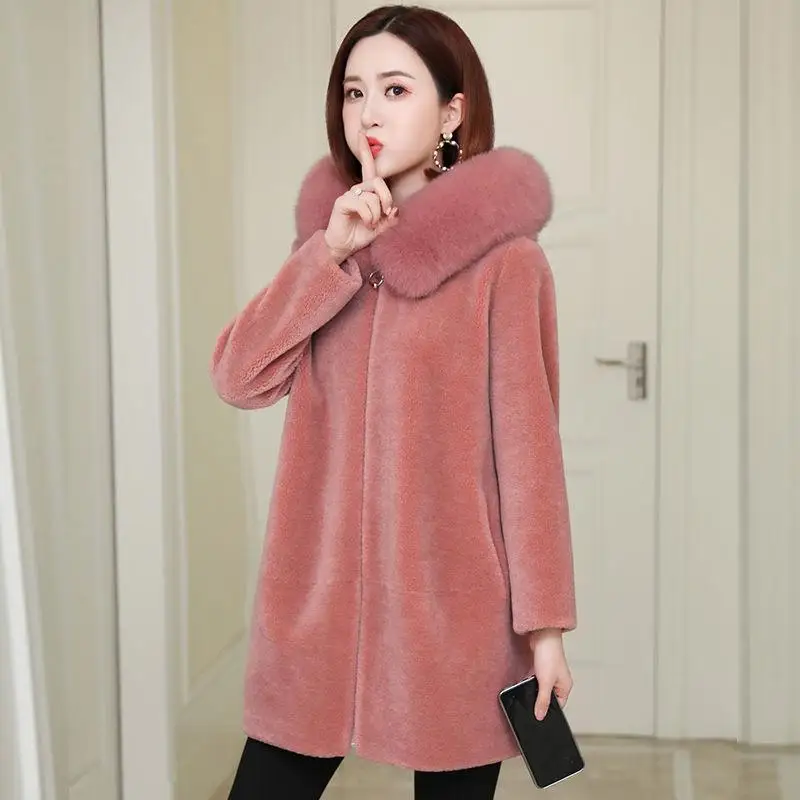 pink Женская зимняя шуба из овечьей шерсти, Женская куртка из натурального меха лисы с капюшоном, теплая шуба из овечьей шерсти, Casaco Feminino N95 - Цвет: pink
