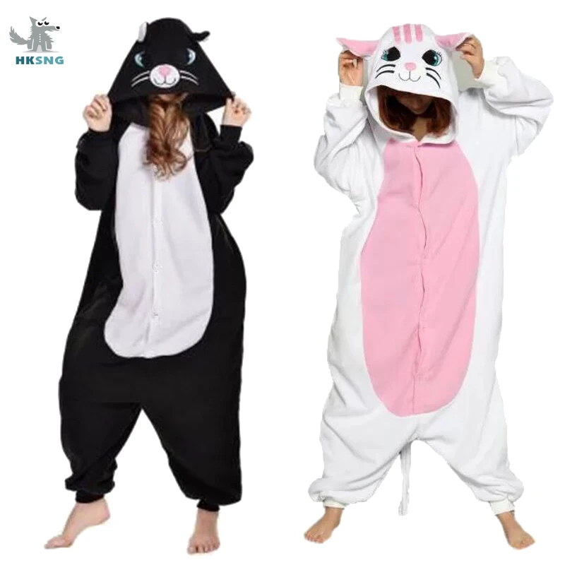 HKSNG New Black White Cat Kigurumi Onesie Animal Winter Flannel Pajamas Cartoon Adult Halloween Party Costume Jumpsuit