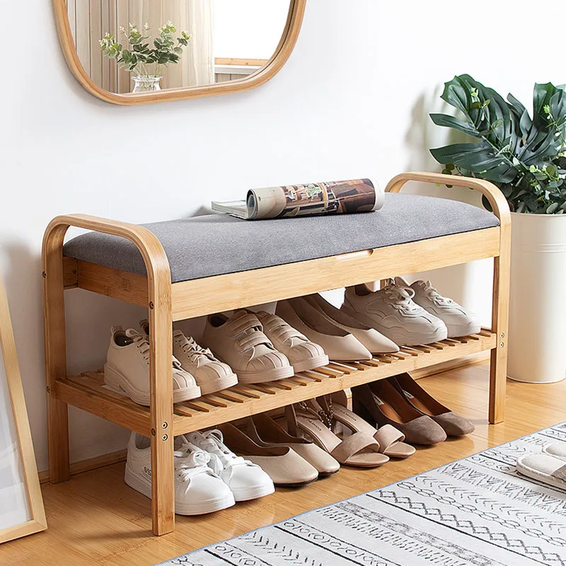 

Fabric Shoerack Creative High Capacity Storage Shoes Organizer Clamshell Stool with Handle 2-layer Wooden Simple Shoe-shelf