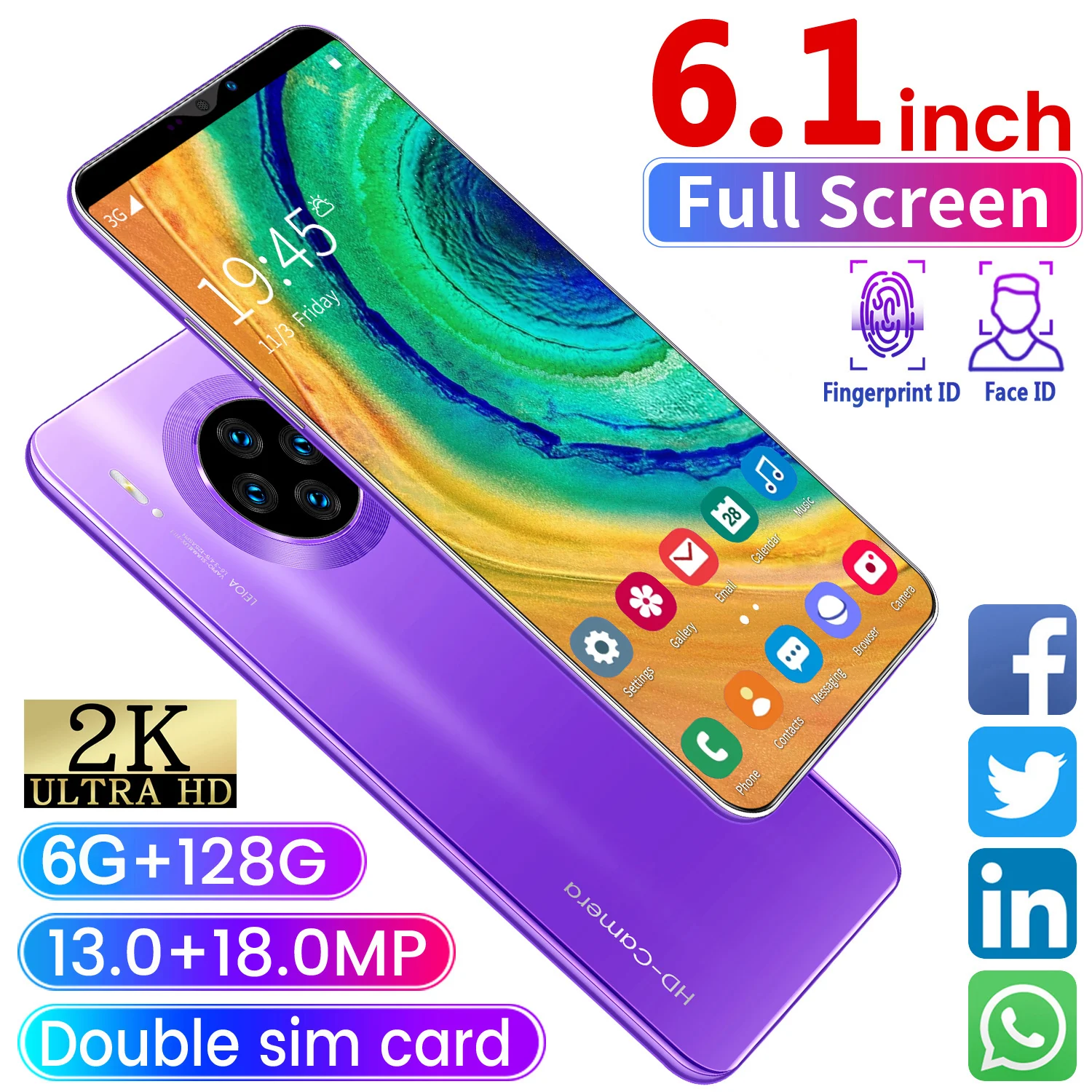 

New 6.1Inch Screen Mate33 Pro Max Smartphone with 6GB+128GB Large Memory Support Face/Fingerprint Unlock Dual SIM Mobile Phones