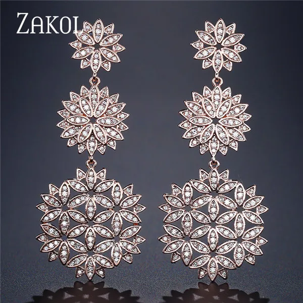 Rose Gold Color ZAKOL, роскошные серьги-капли с цирконием, с микро покрытием, с большим цветком, модные длинные висячие серьги для невест, свадебные ювелирные изделия, FSEP2137 - Окраска металла: Rose Gold Color