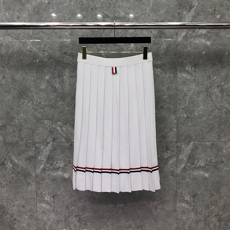 

Fashion TB 2021 Brand Skirts Women Slim Skirts Knee Length White Skirt Solid Striped Casual Autumn Winter Pleated Skirt