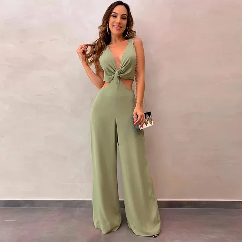 

Women Casual Jumpsuits Summer Solid V-neck Sleeveless Sexy Hollow Out Overalls Jumpsuit Lady 2021 New Slim Lightly Cooked Style